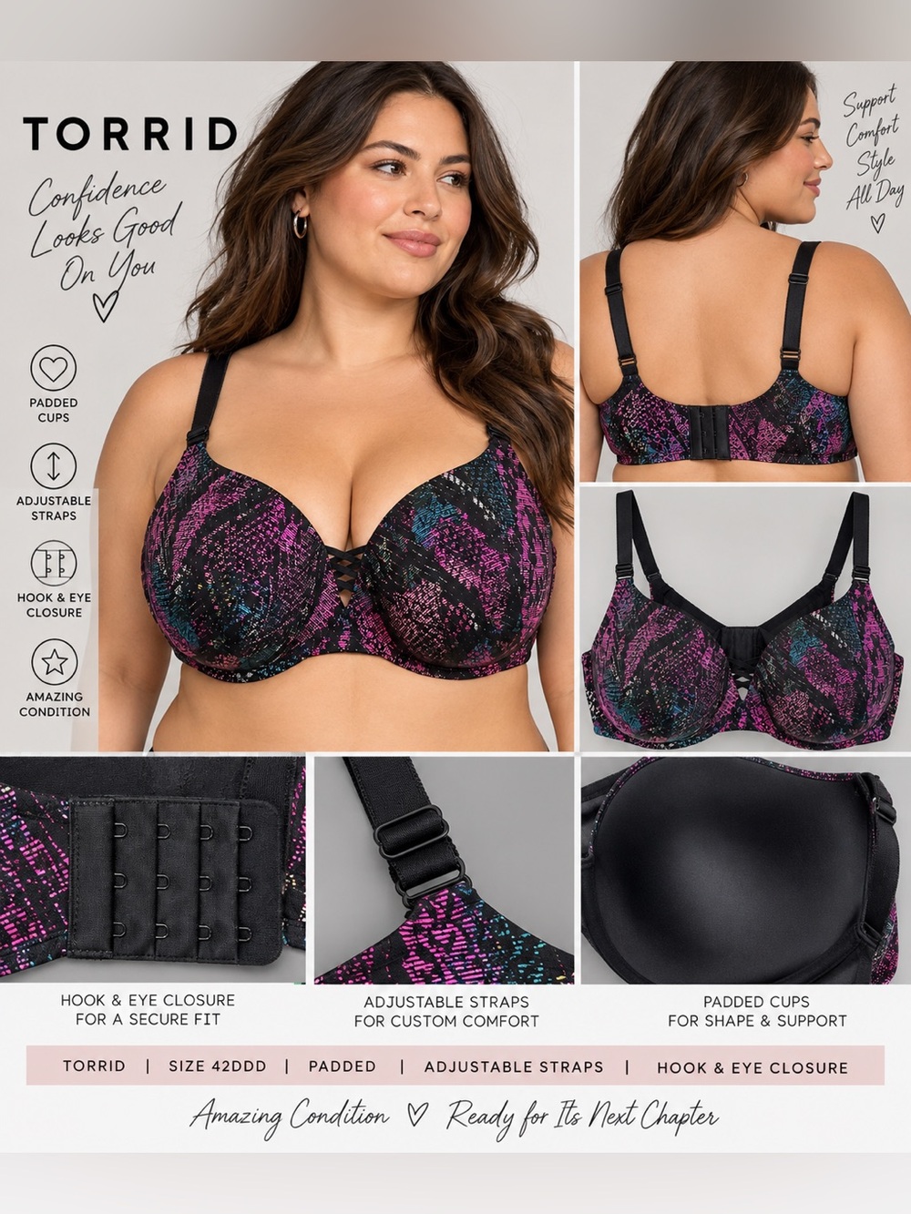 Torrid Black Multicolor Padded Underwire Boost Plunge Bra Plus Size 42DDD